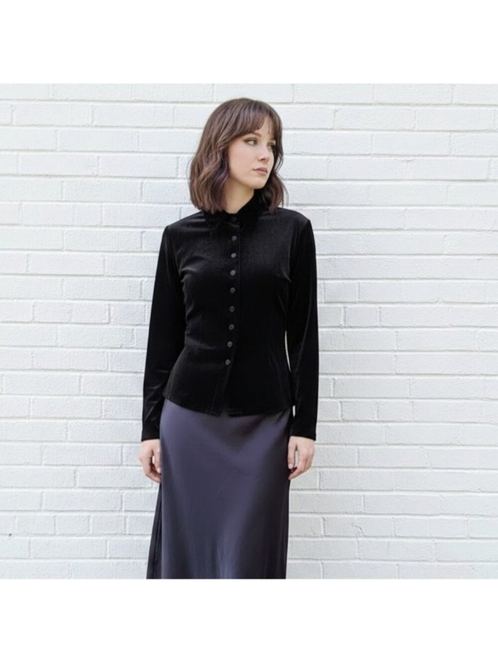 Vintage Black Velvet Velour 90s Long Sleeve Top Blouse Size Large Whimsigoth 90s